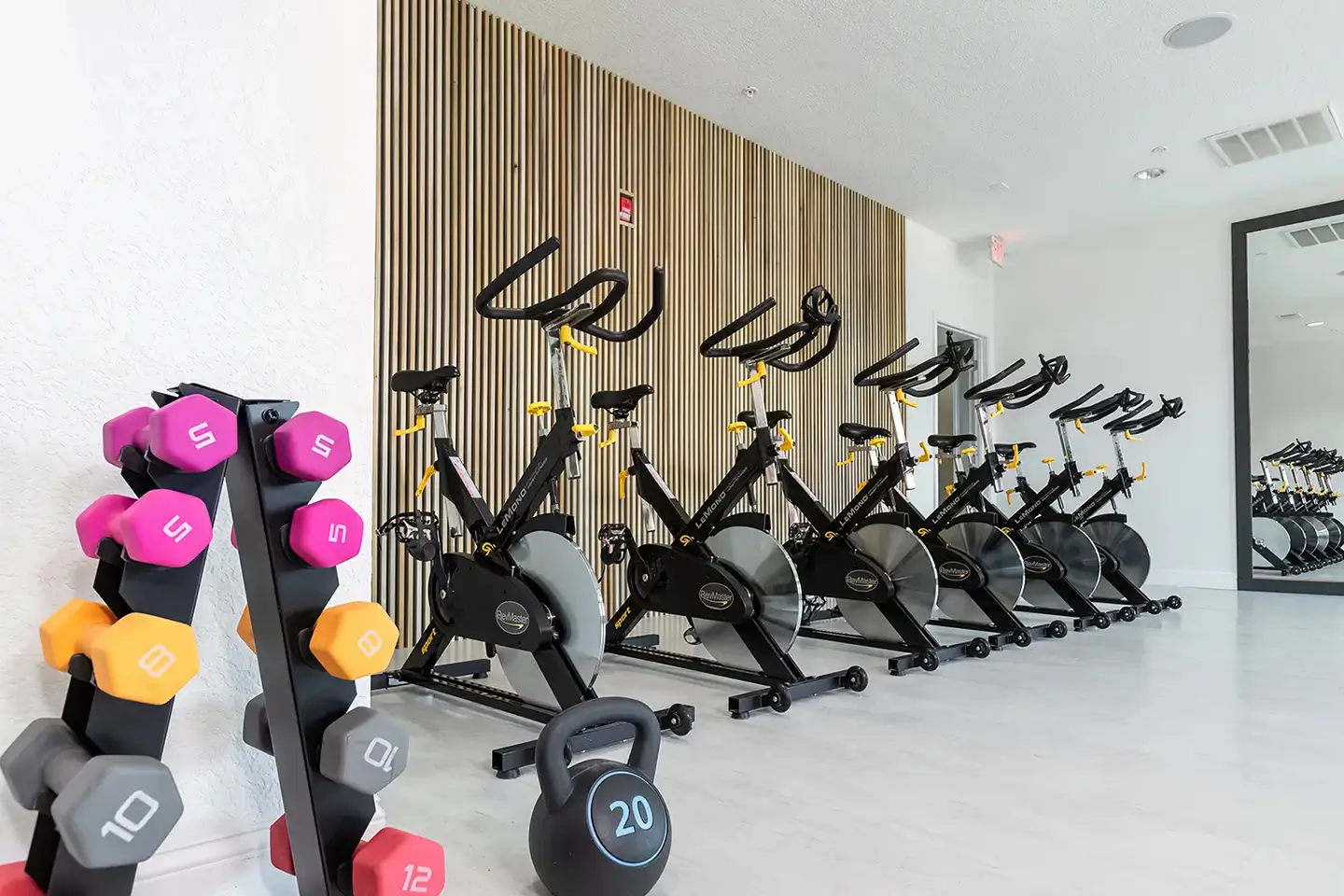 Fitness studio with weights and stationary bikes.